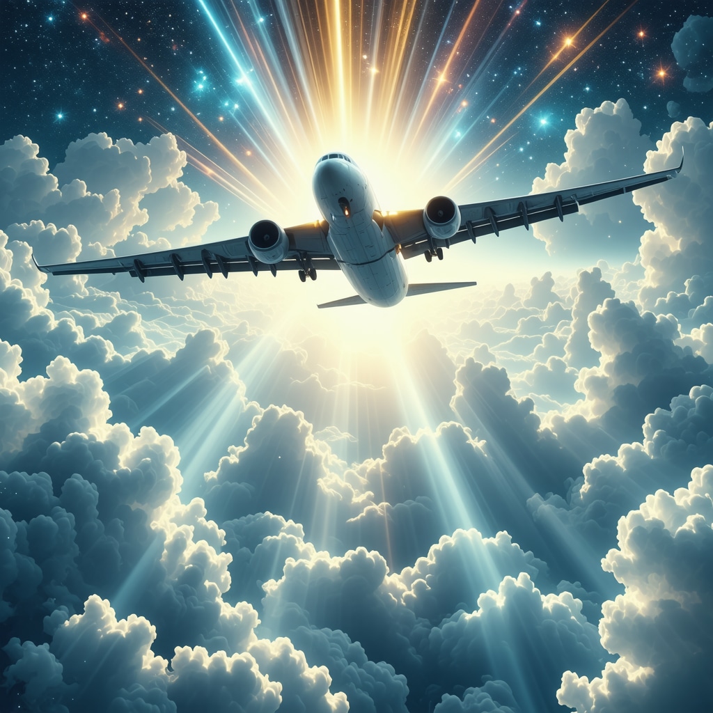 Ilustración de un avión volando entre nubes con patrones islámicos y rayos de luz espiritual