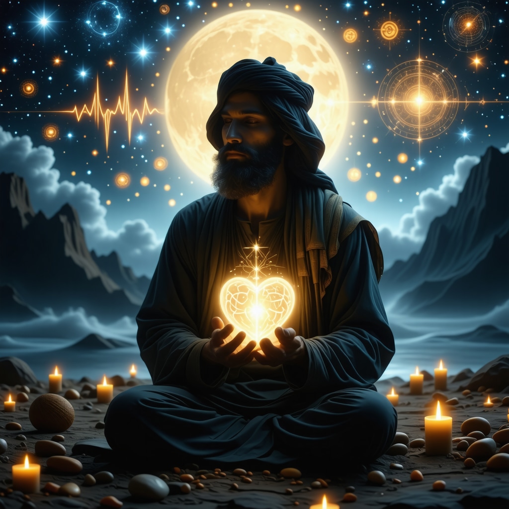 Ilustración de un hombre en ropa tradicional islámica con símbolos espirituales y cognitivos alrededor, representando interpretación avanzada de sueños