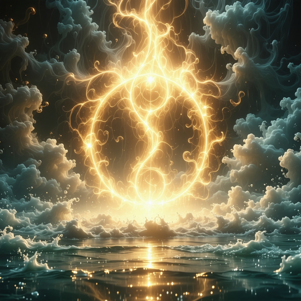 Dreamlike glowing orahe symbol surrounded by ethereal light and water in a spiritual context