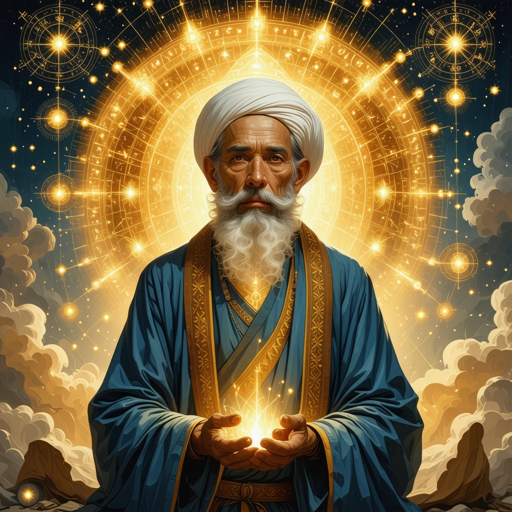 Figura de un hombre desconocido en un sueño con símbolos espirituales y luz