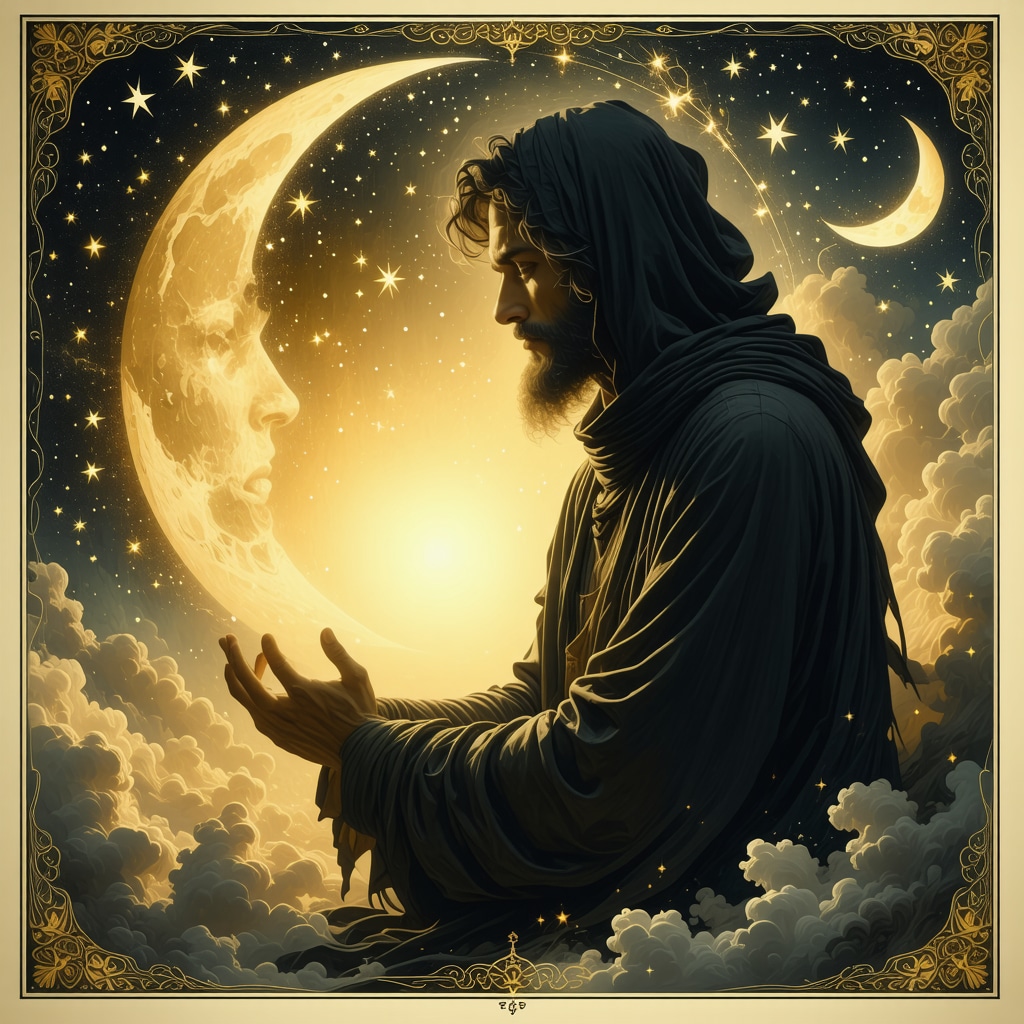 Figura misteriosa en un sueño con motivos islámicos que simbolizan interpretación espiritual