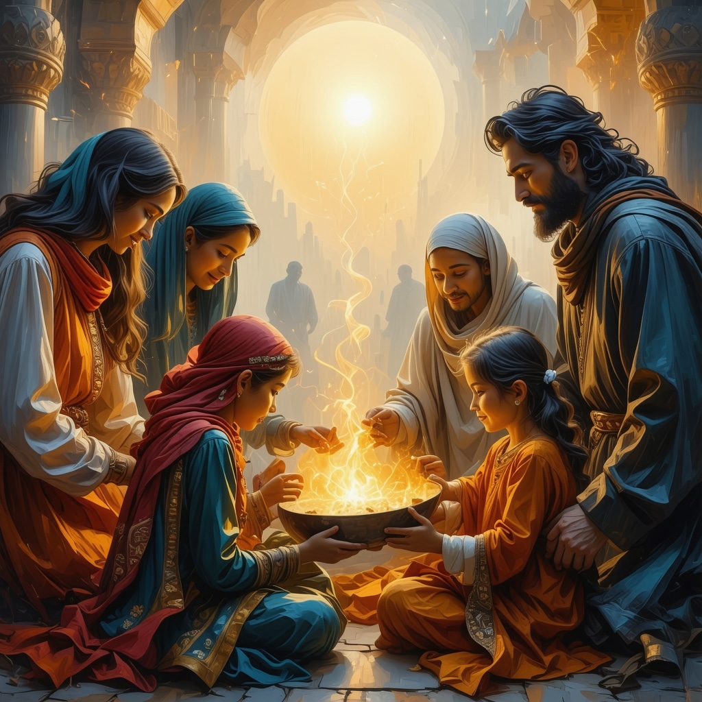 Ilustración simbólica de una reunión familiar espiritual islámica representando armonía y mensajes divinos