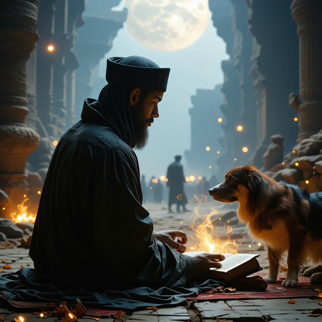 Ilustración artística de interpretación islámica de sueños con mordedura de perro y elementos espirituales