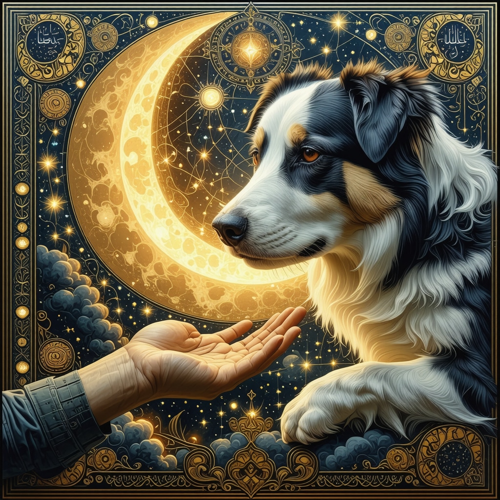 Ilustración de un perro mordiendo suavemente una mano, con patrones geométricos islámicos y caligrafía coránica en fondo onírico