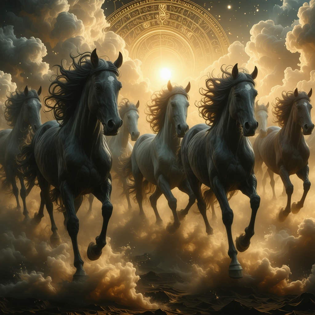 Ilustración artística islámica de varios caballos en un entorno onírico que representa la interpretación espiritual