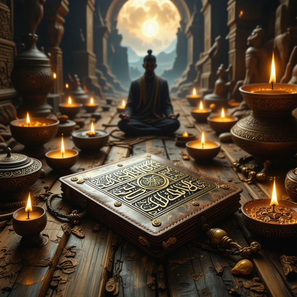 Islamic dream interpretation depicting a wallet with spiritual symbols and meditating figure