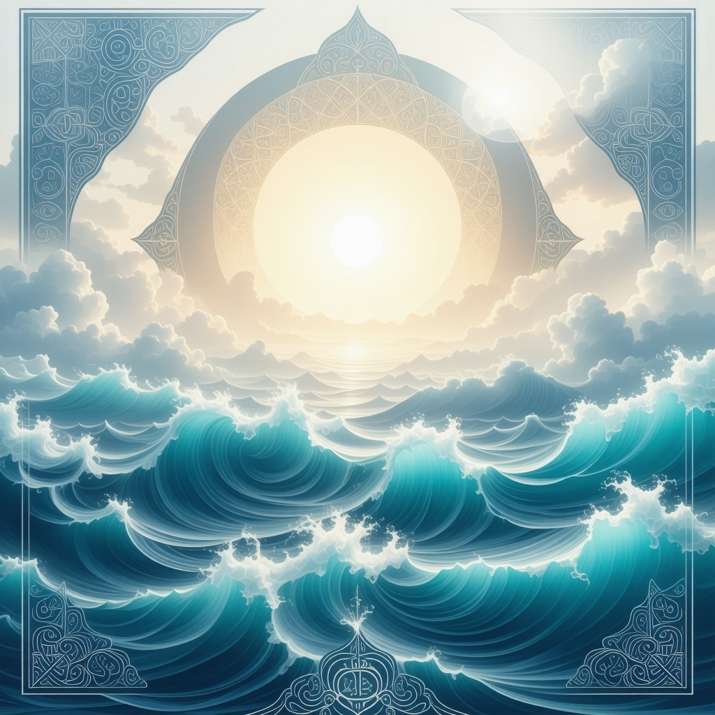 Intricate Islamic geometric design over translucent flowing water symbolizing spiritual purification and dream interpretation