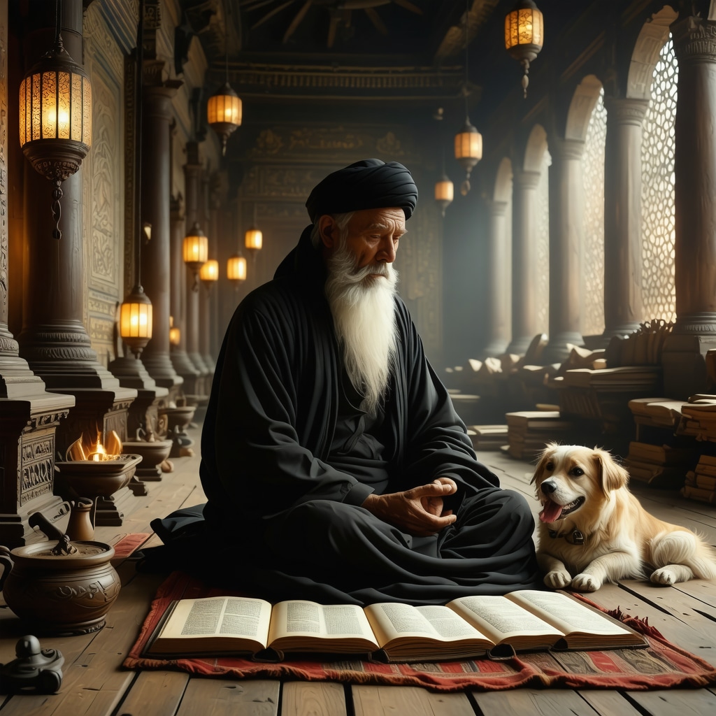 Islamic scholar in traditional study room contemplating dream symbolism of dogs with mystical background
