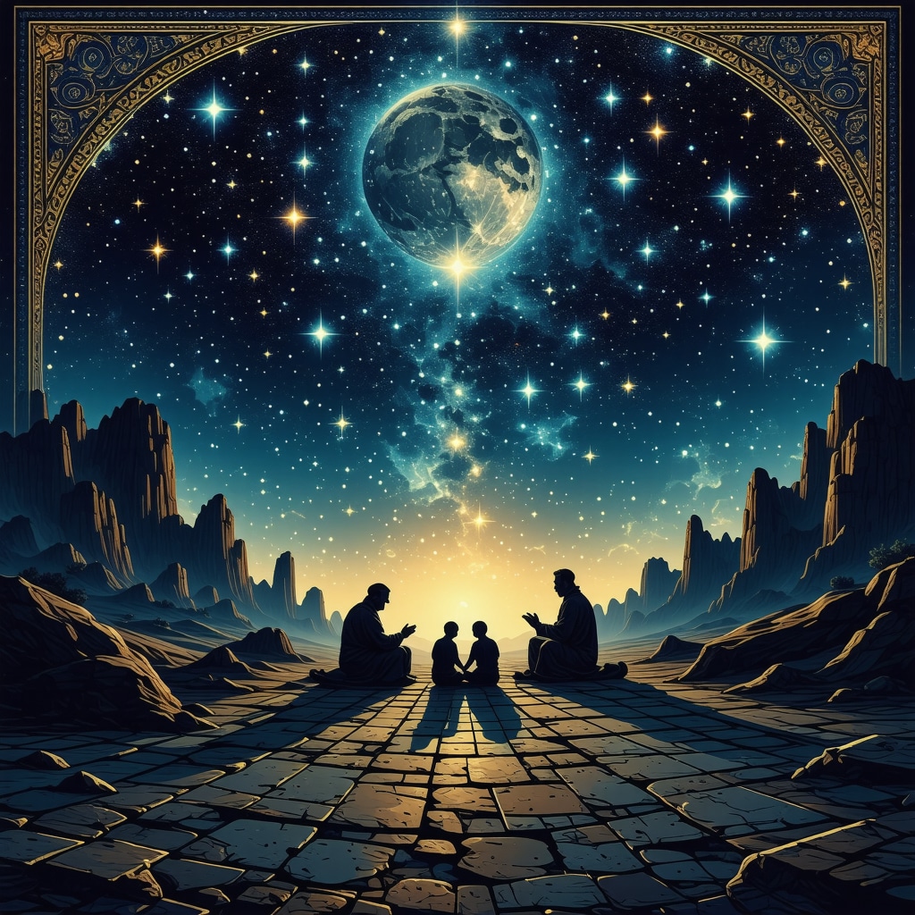 Islamic geometric pattern with family gathering under starry sky representing spiritual dream interpretation