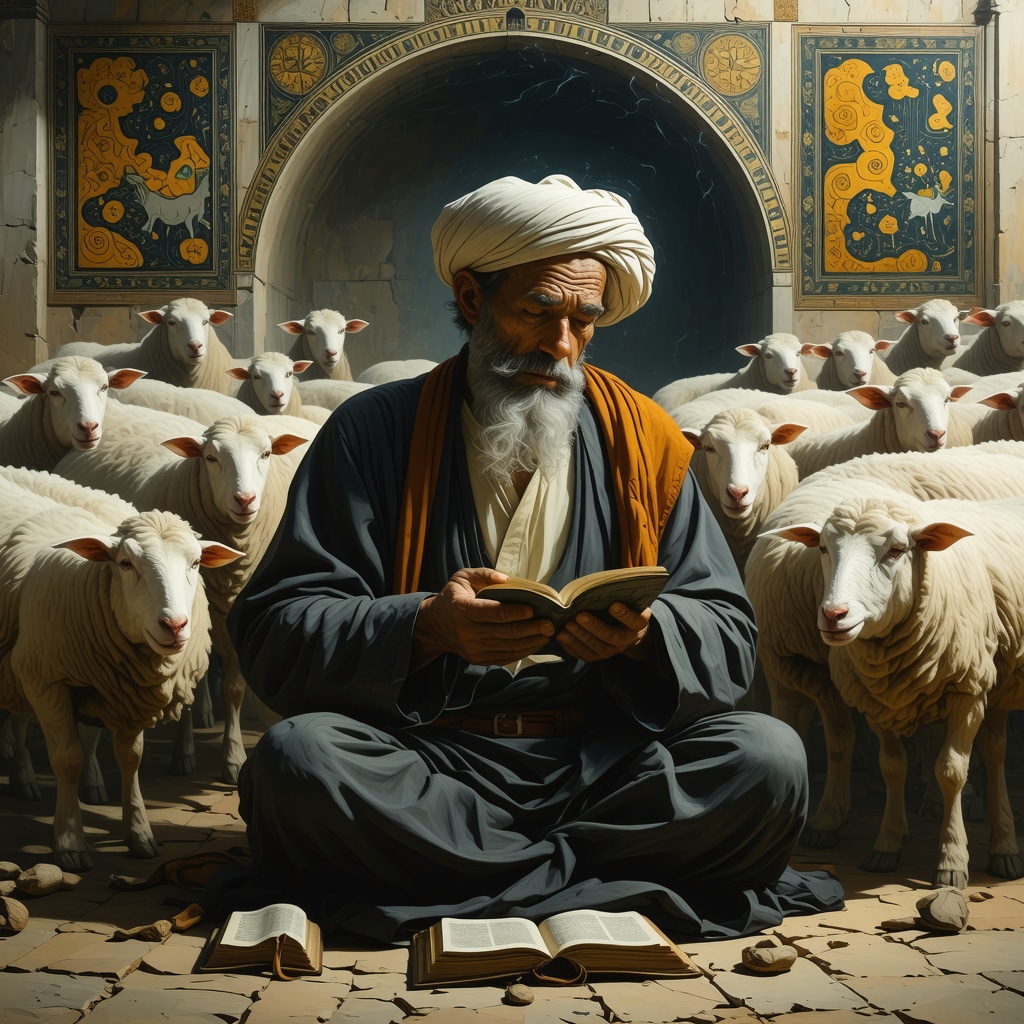 Islamic scholar surrounded by manuscripts interpreting dream about sheep