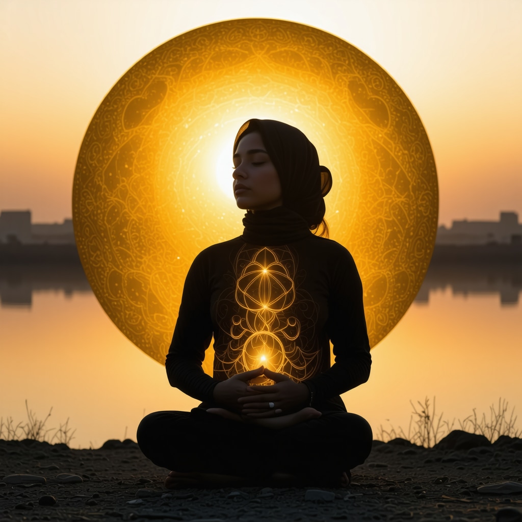 Muslim person meditating with symbolic pregnant woman representing spiritual dream interpretation