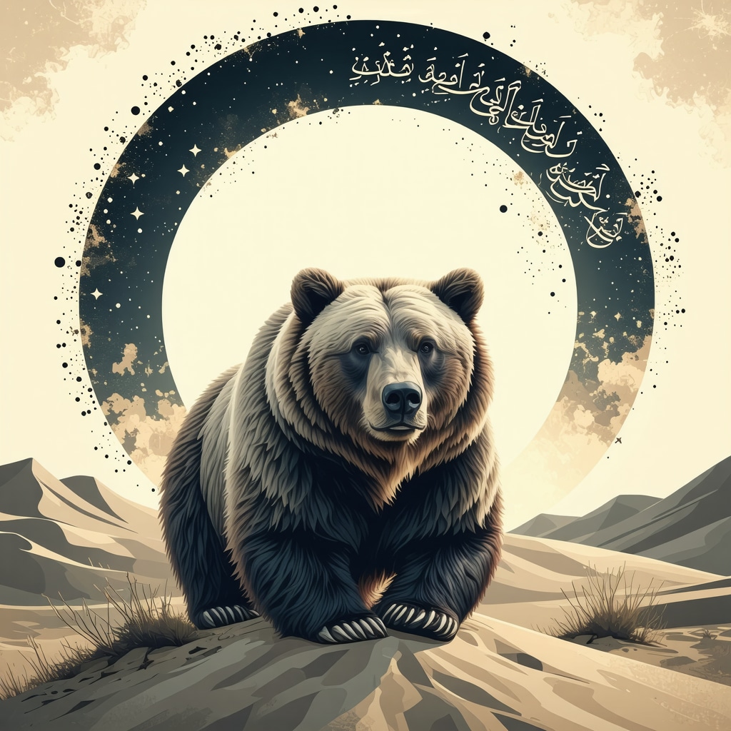 Ilustración de un oso tranquilo con simbolismo islámico y caligrafía coránica