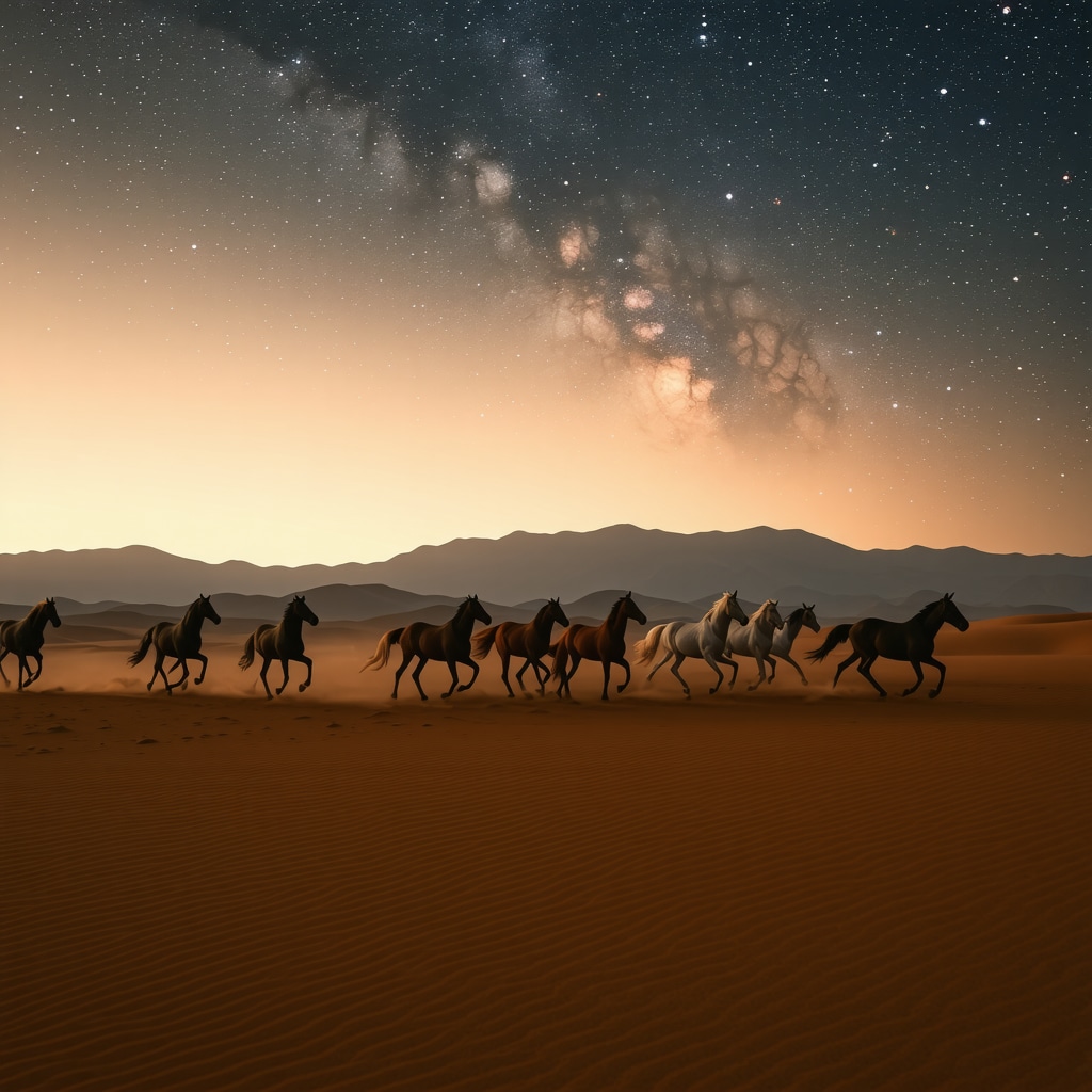Multiple horses of different colors running freely in a desert landscape at dusk under a starry sky, representing spiritual and psychological balance in Islamic dream interpretation.