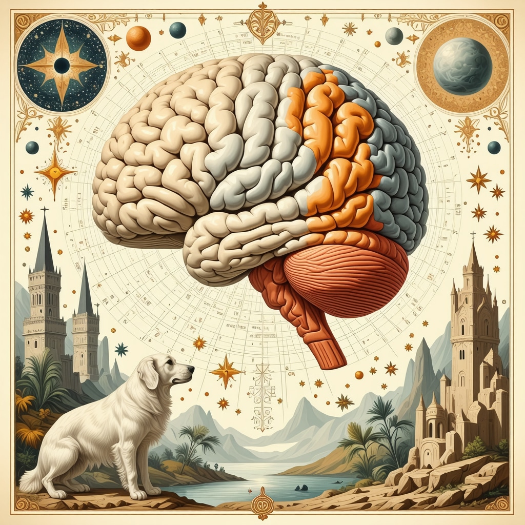 Illustration of brain regions activated in dreaming combined with Islamic spiritual symbols and a dog figure
