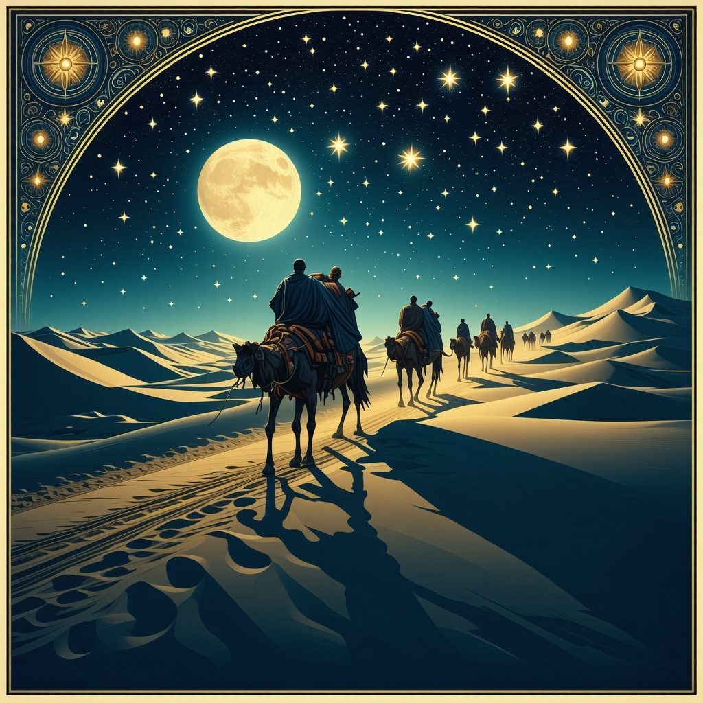 Ilustración de un grupo de cigane en un viaje espiritual nocturno con patrones islámicos