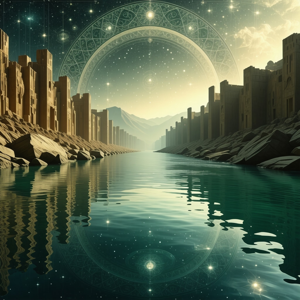Río con agua clara y patrones geométricos islámicos que simbolizan purificación espiritual y análisis de sueños