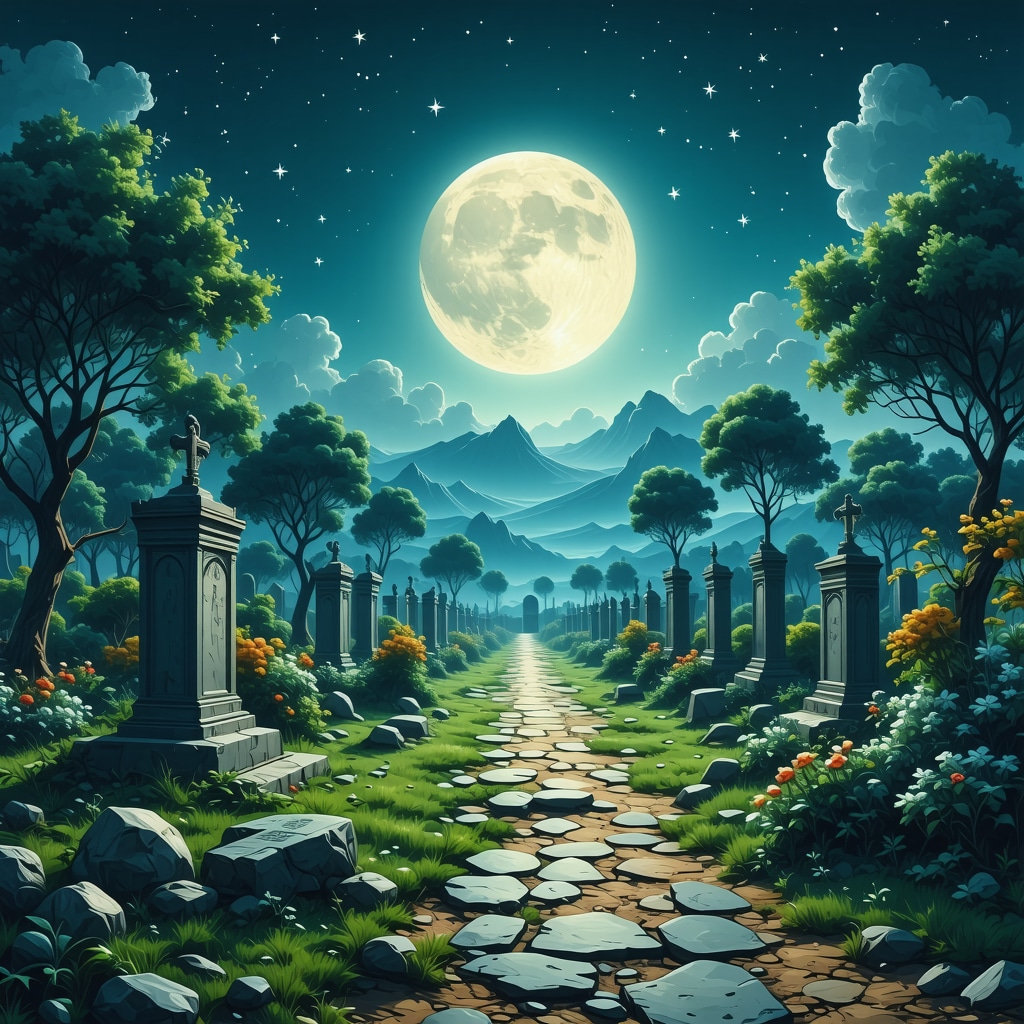 Peaceful Islamic cemetery with orderly graves illuminated by moonlight