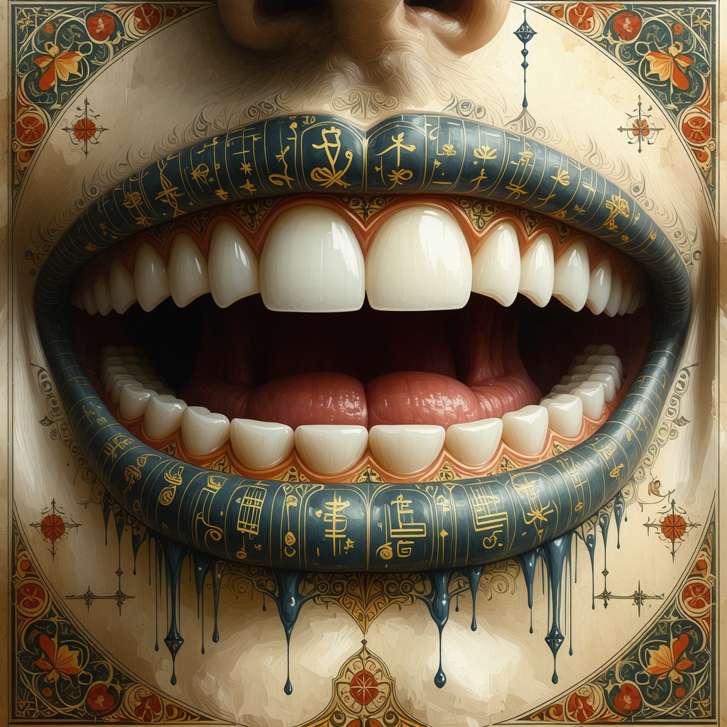 Ilustración simbólica de dientes con elementos espirituales y numerológicos en sueños según el Islam