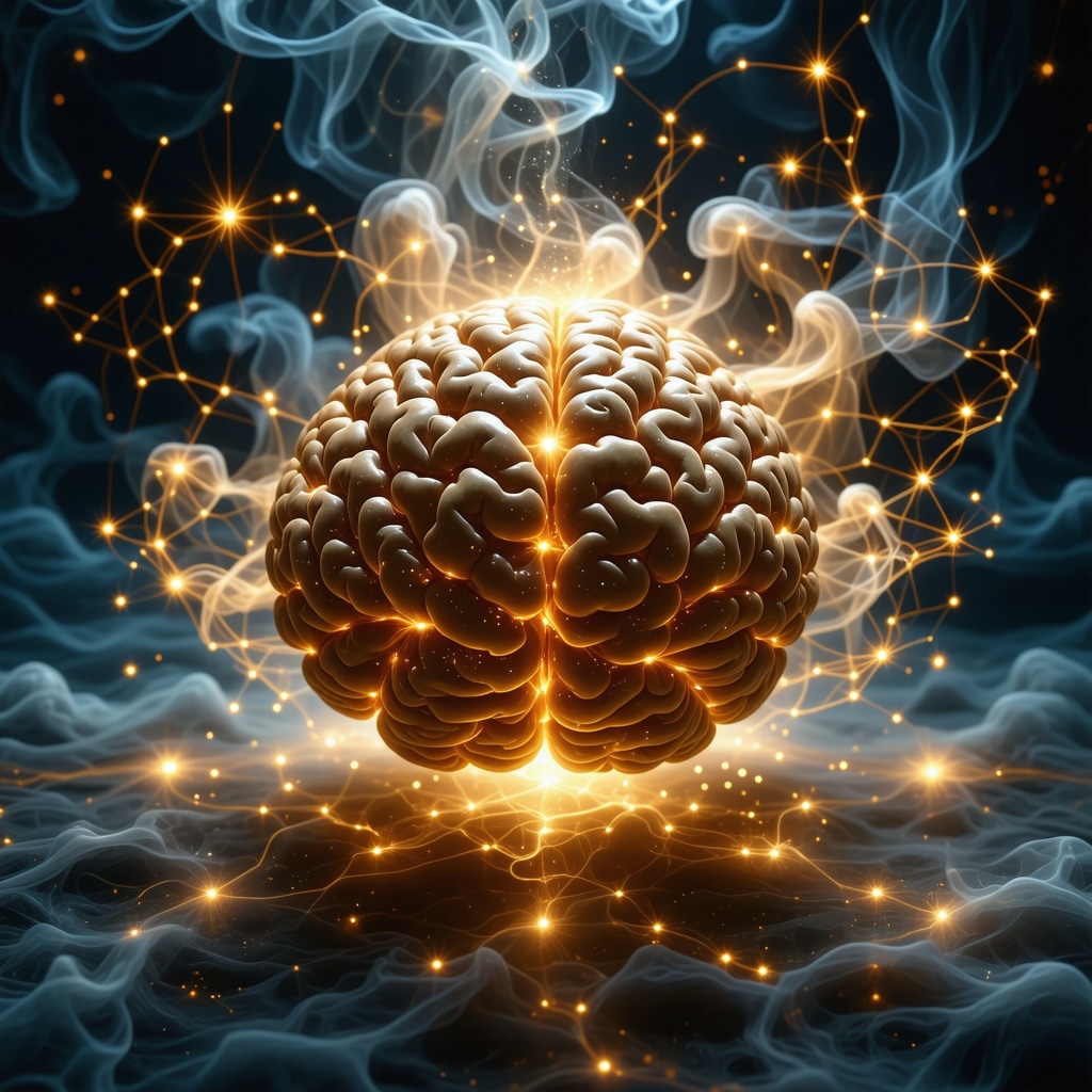 Imagen conceptual de la orahe luminosa en un paisaje onírico con patrones neuronales y motivos islámicos