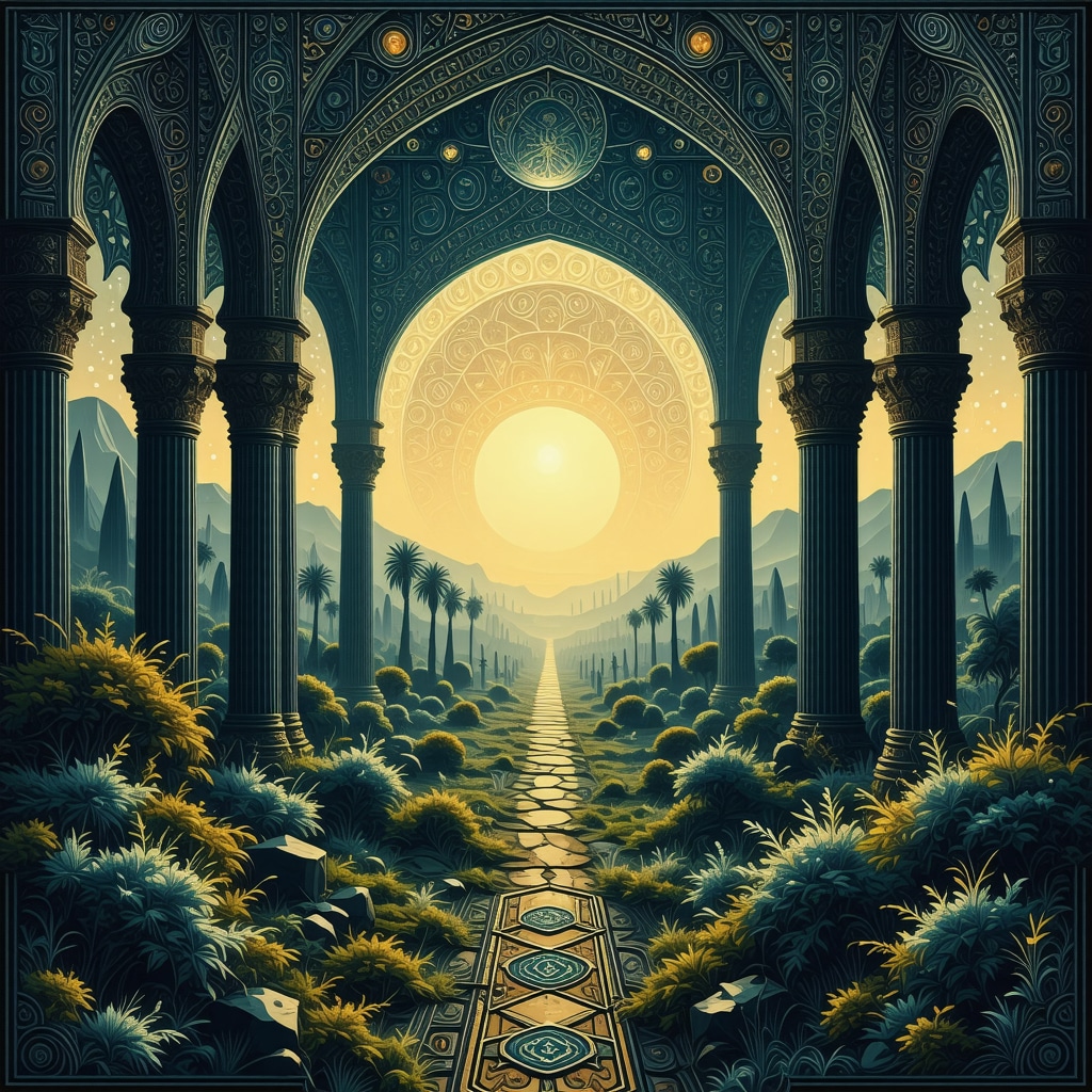 Ilustración simbólica que fusiona patrones geométricos islámicos con un cementerio sereno al atardecer, representando reflexión espiritual y profundidad psicológica