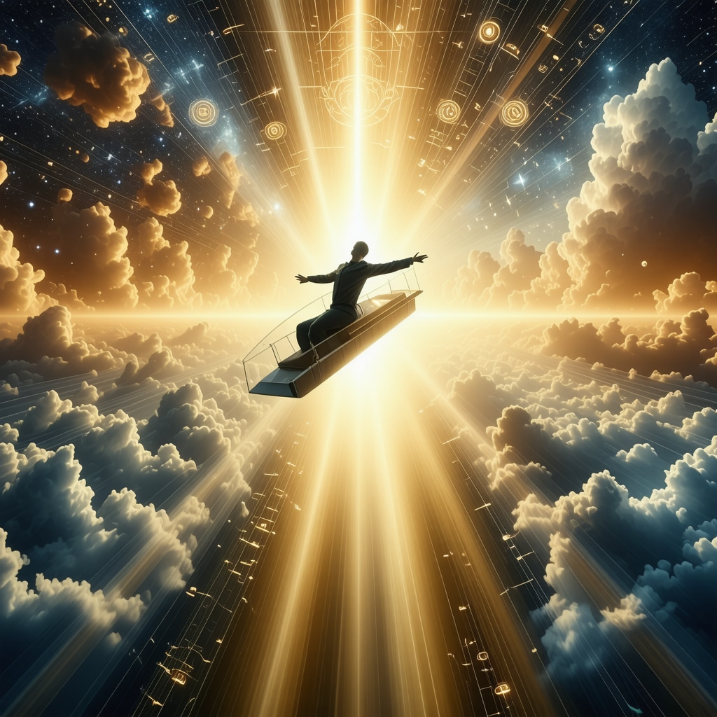 Representación artística de una persona volando en un avión transparente hacia una luz dorada con patrones islámicos
