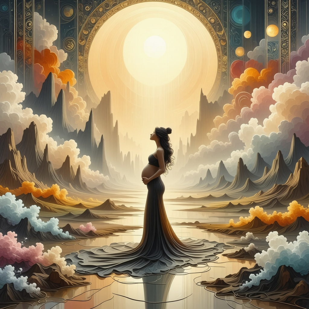 Ilustración de una mujer embarazada en un paisaje onírico con patrones islámicos y simbolismo espiritual