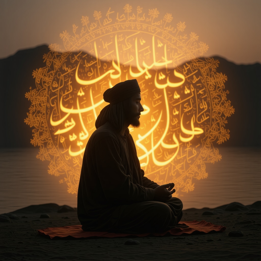 Sufi figure meditating with glowing Arabic divine names around, symbolizing defense against Šejtana in dreams