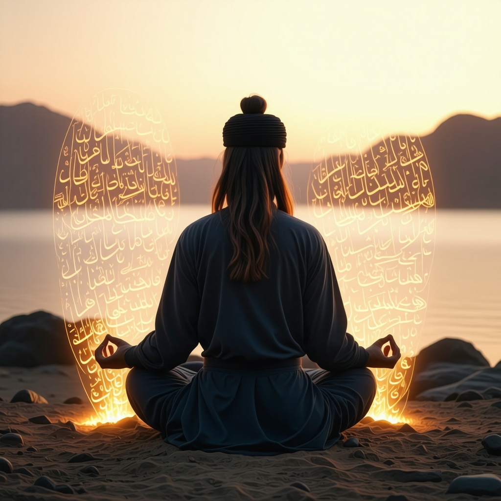 Sufi practitioner meditating with glowing Arabic calligraphy representing divine names surrounding him