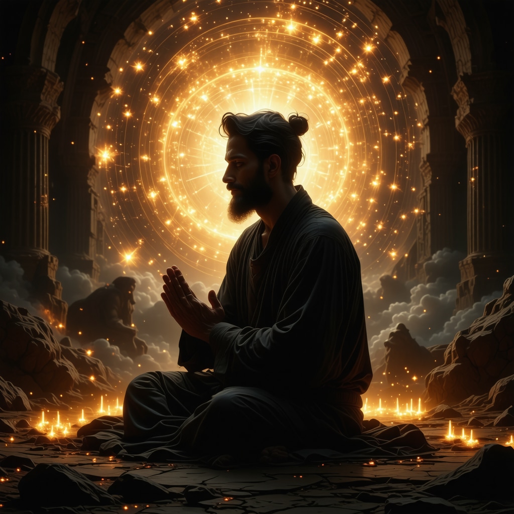 Illustration of šejtana figure confronting a praying believer surrounded by divine light