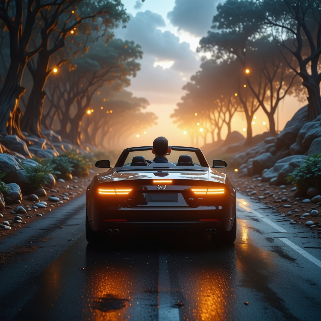 Person driving a modern car on a glowing spiritual path symbolizing control over nafs in Islamic dream interpretation