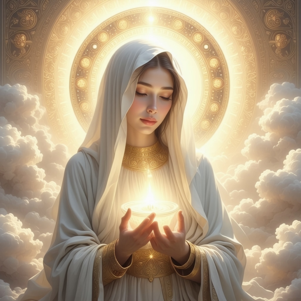 Ilustración espiritual de una madre rodeada de luz y símbolos islámicos de protección