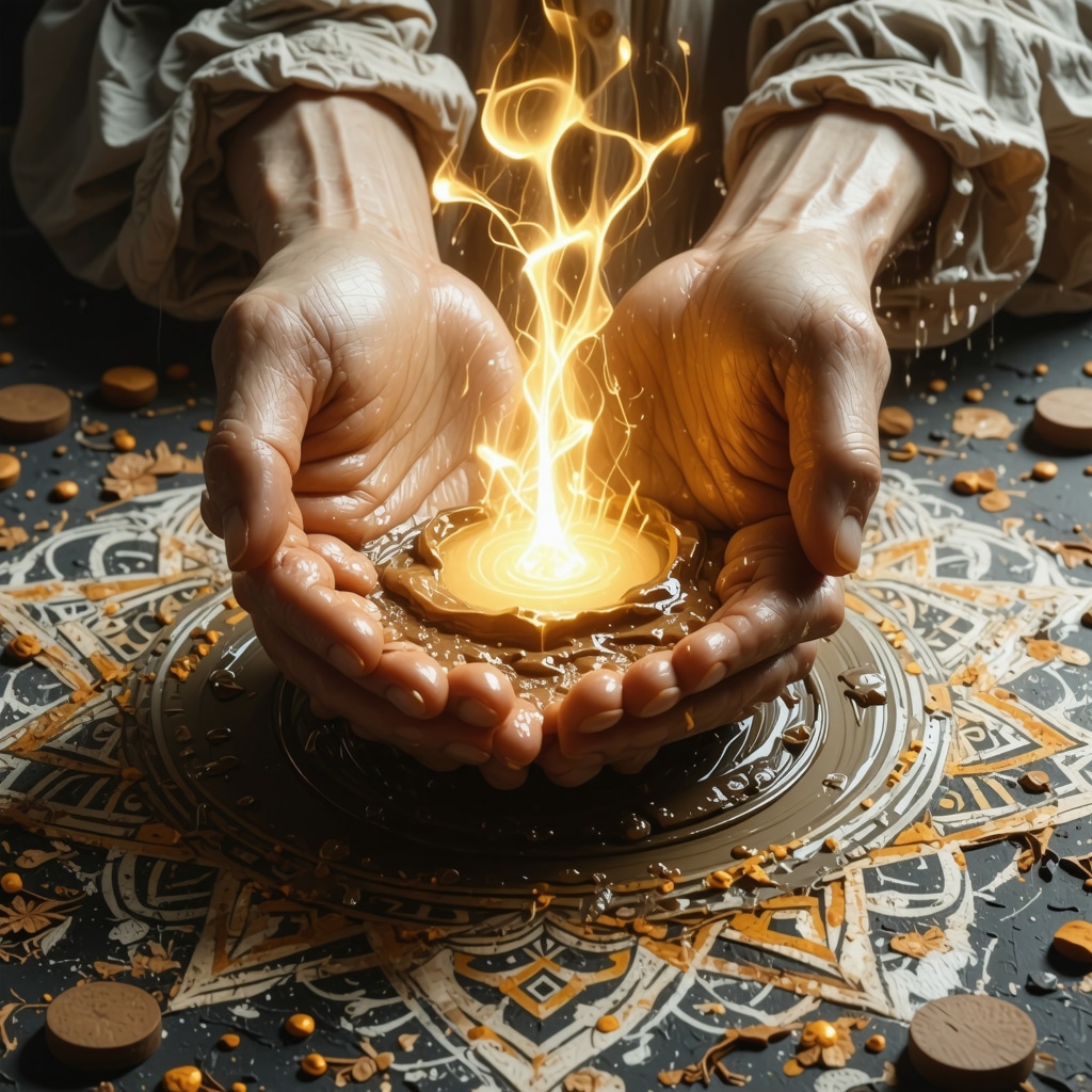 Hands shaping soft clay with glowing light and Islamic patterns symbolizing spiritual growth