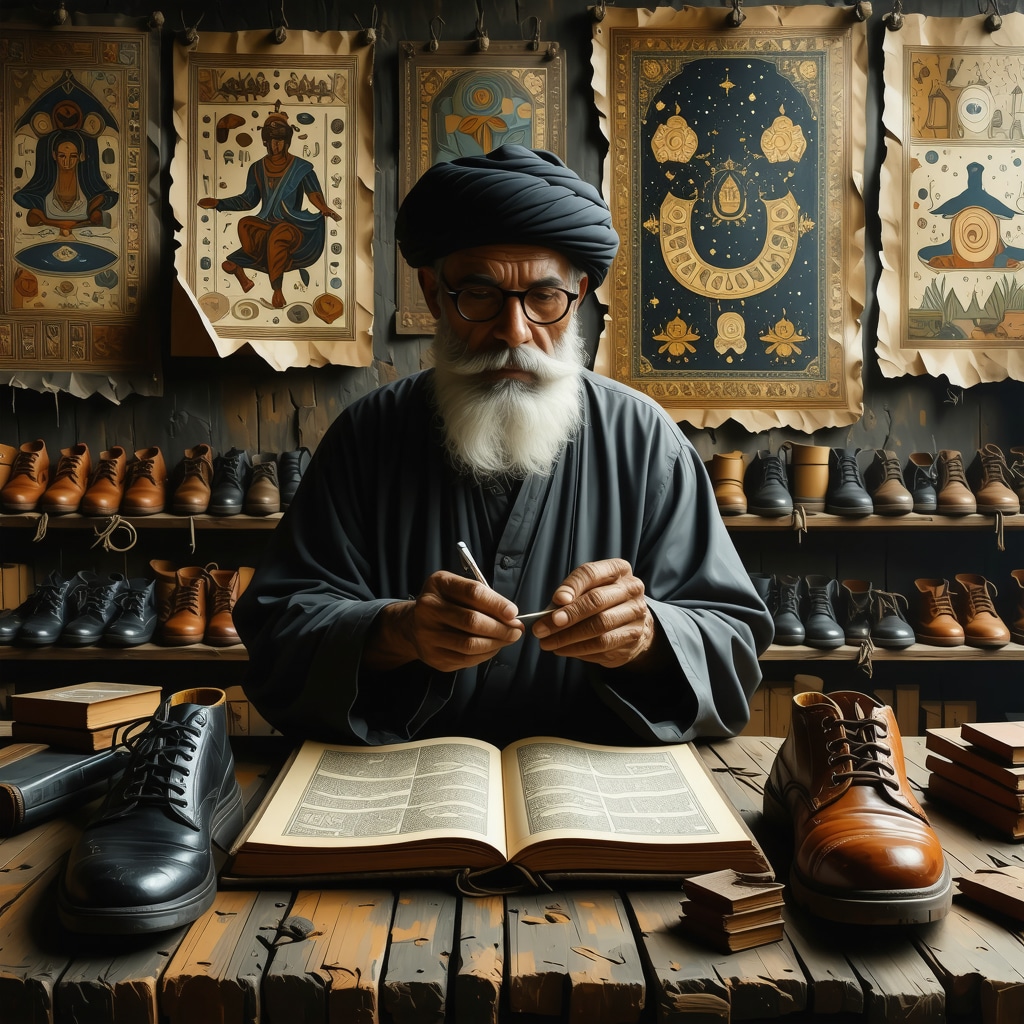 Islamic psychologist studying dreams with symbolic shoes and manuscripts