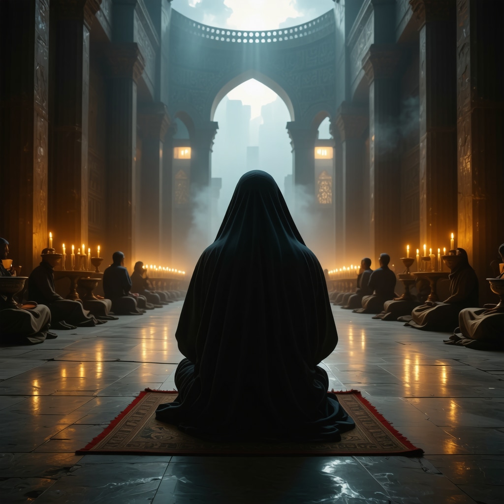 Muslim praying with translucent Christian mass symbols and Islamic motifs symbolizing interfaith unity in a dream