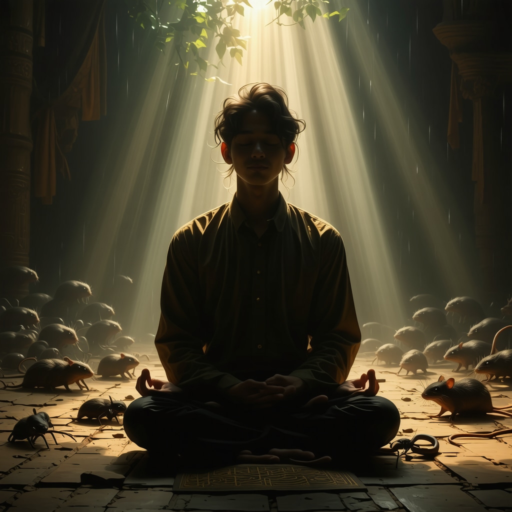 Persona meditando con símbolos oníricos islámicos como ratas, serpientes y arañas en un fondo luminoso