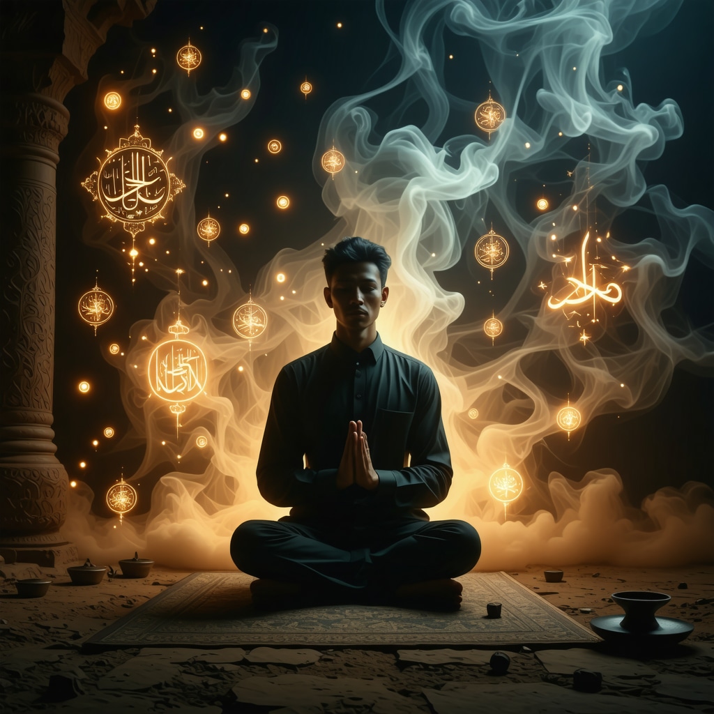 Persona meditando con símbolos oníricos islámicos y versos coránicos iluminados