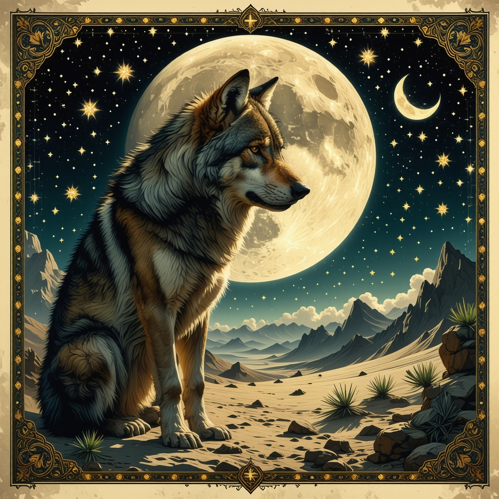 Ilustración simbólica del lobo en sueños islámicos con elementos espirituales y psicológicos