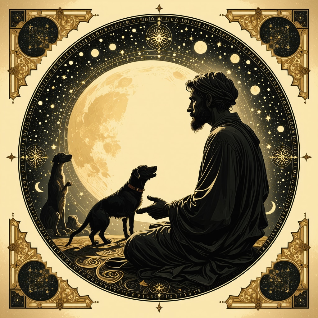 Illustration of Islamic spiritual dream interpretation featuring a dog symbol with calligraphic designs