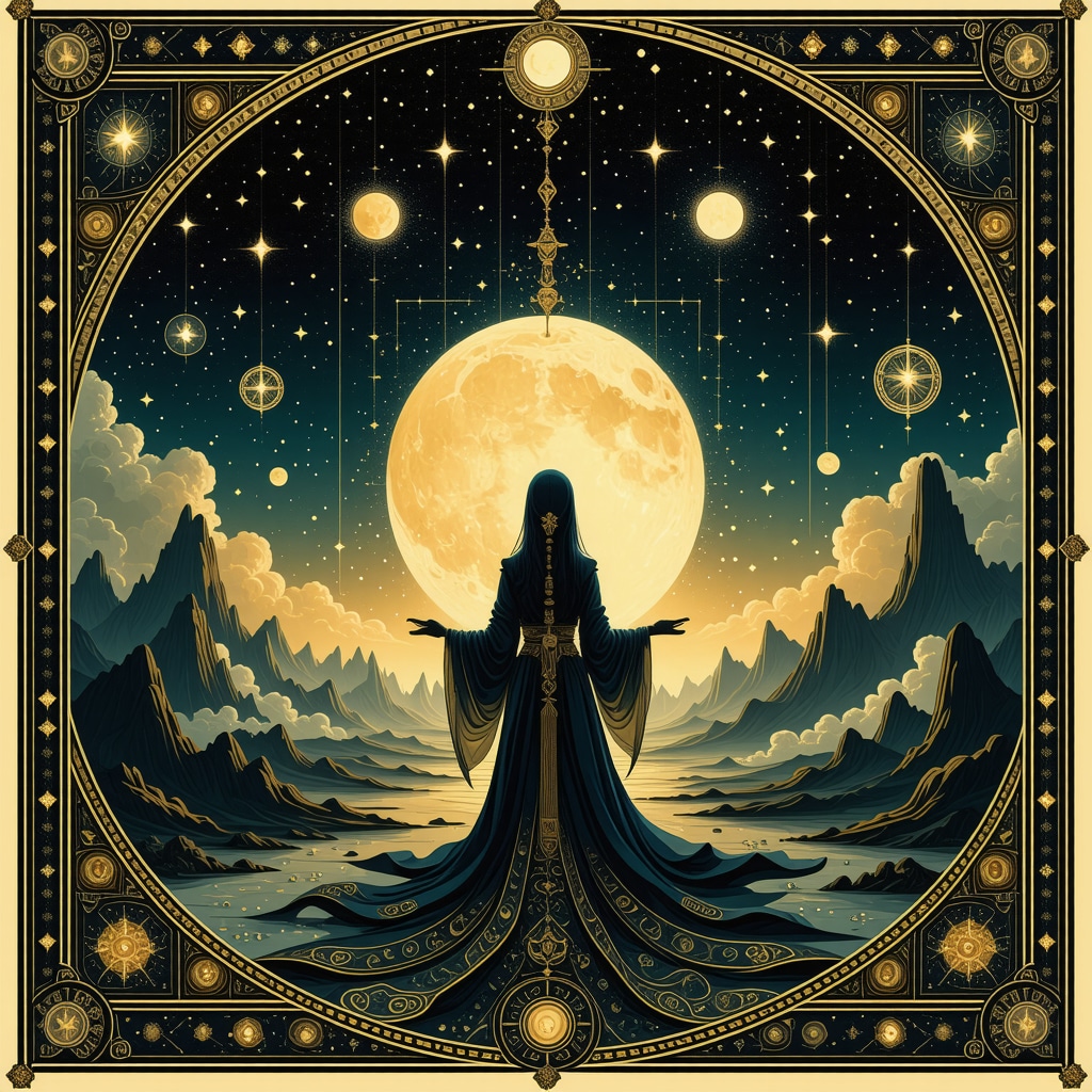 Islamic geometric patterns with a symbolic sister figure and spiritual dream symbols