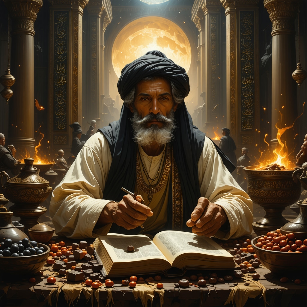 An Islamic scholar in traditional clothes interpreting dreams with chocolates and spiritual symbols around