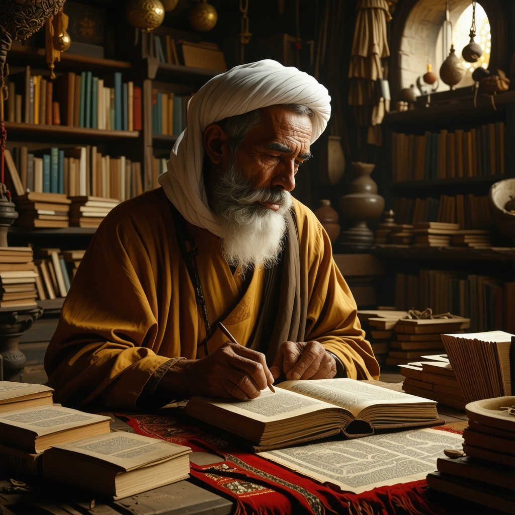 Islamic scholar analyzing dream symbols in a traditional study setting