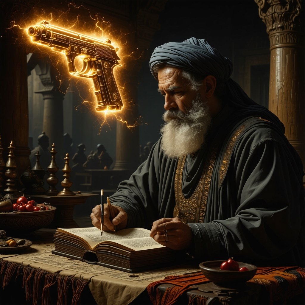 Islamic scholar studying dream interpretation with symbolic glowing pistol in background