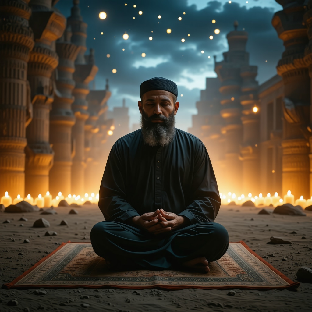 Islamic scholar meditating at night with illuminated Quranic verses symbolizing spiritual reflection
