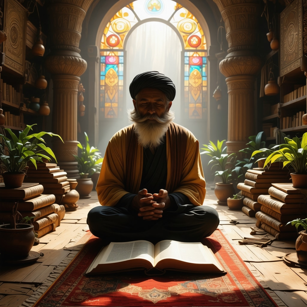 Islamic scholar meditating surrounded by ancient dream interpretation books and soft light