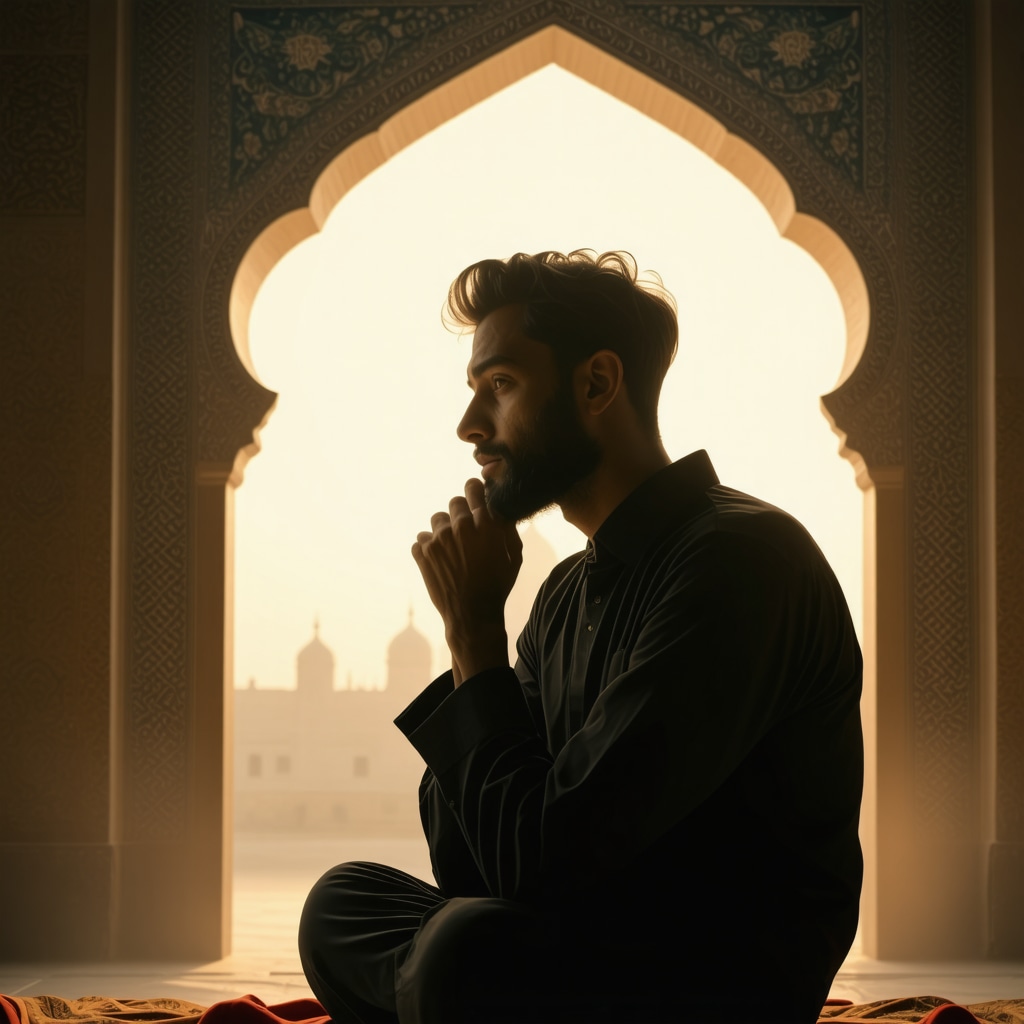Person reflecting deeply on Islamic dream interpretation with spiritual background