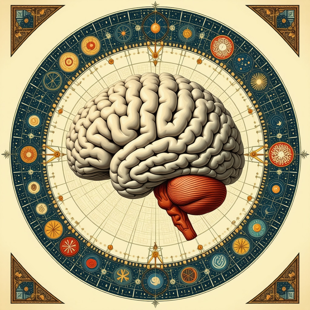 Illustration showing a brain with Islamic geometric patterns and dream symbols representing neuropsychology and Islamic dream interpretation