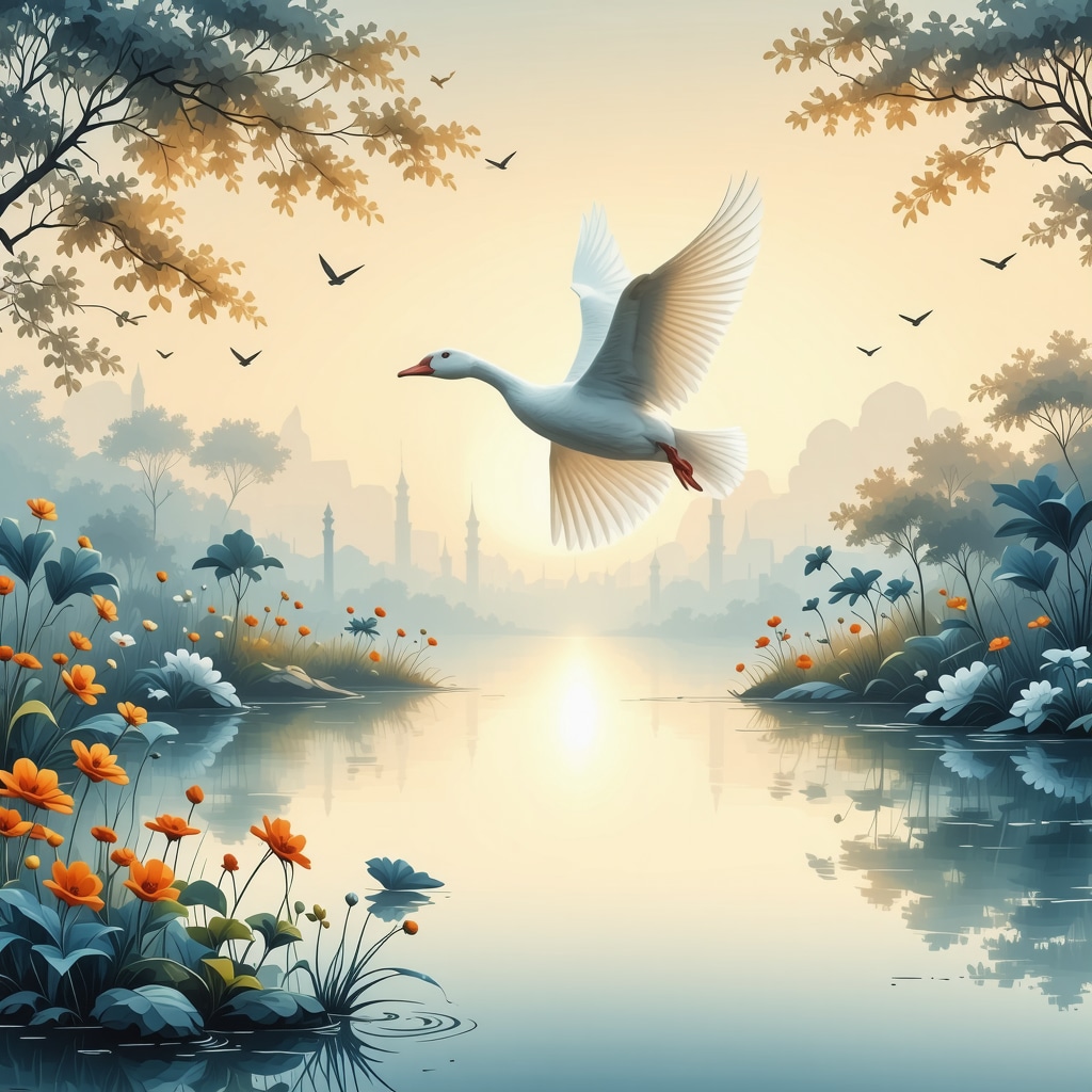 Ilustración de una oca blanca volando sobre un jardín islámico al amanecer, simbolizando vigilancia espiritual y pureza