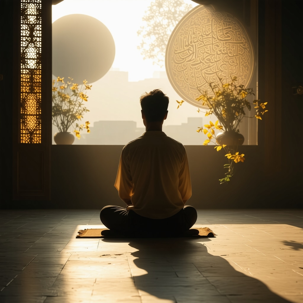 Person reflecting peacefully on Islamic dream interpretation with spiritual symbols