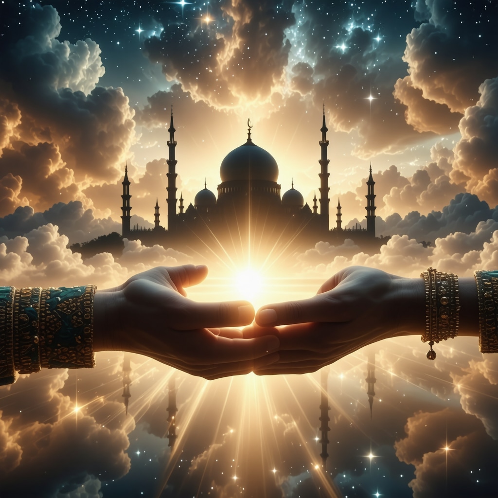Ilustración de un sueño islámico mostrando una svadbu con elementos simbólicos de unión espiritual y luz etérea