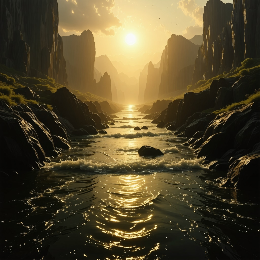 Un río con aguas turbias que se aclaran bajo una luz divina simbolizando la purificación espiritual en el Islam